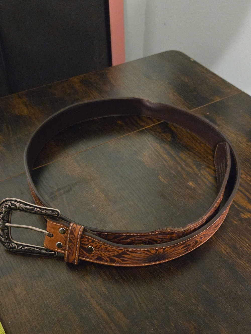 Women's Brown Tooled Leather Belt with Ornate Buckle